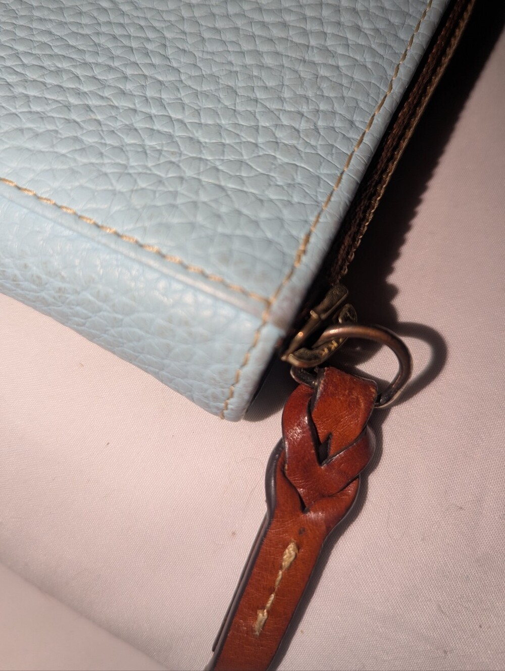 Dooney & Bourke Pale Blue Pebbled Leather Zip-Around Wallet with Brown Trim - Picture 10 of 10